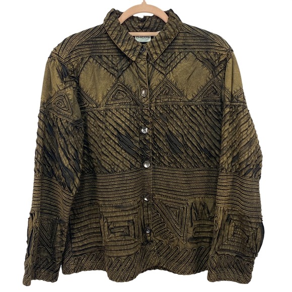 Chico's Jackets & Blazers - CHICOS Womens‎ Button Front Jacket Sz M Brown Artsy Textured Cotton Distressed